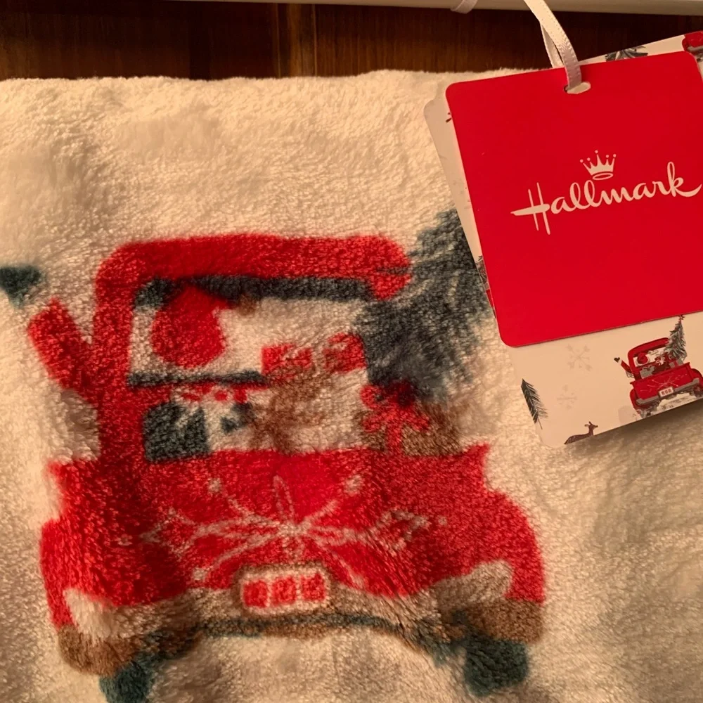 Hallmark, NEW WITH TAGS plush CHRISTMAS throw blanket, has RED Christmas truck.